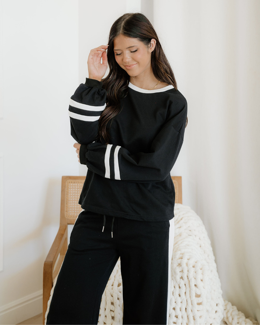 Jordyn Varsity Stripe Drawstring Wide Leg Pant Set - Black
