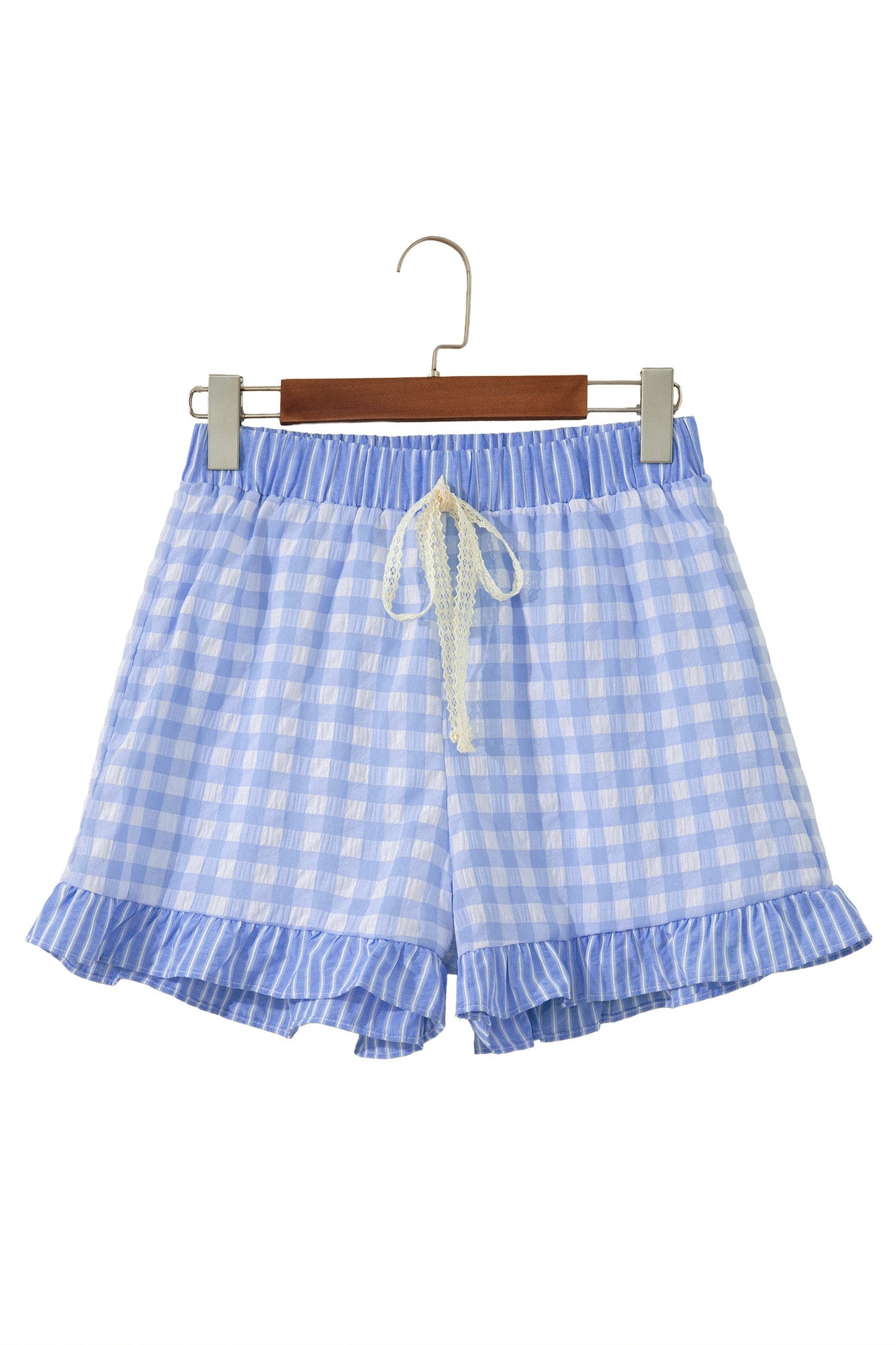Gingham Ruffle Stripe Patchwork Lace Tie Shorts