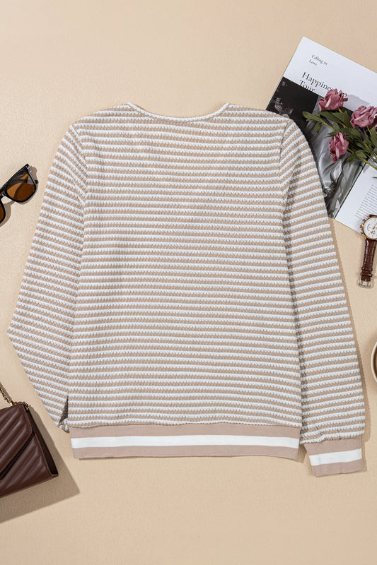 Stripe Textured Knit Long Sleeve V-Neck Top