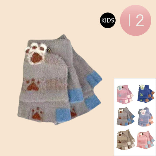 12Pairs - Kids Paw Fingerless Flip Top Knit Winter Gloves