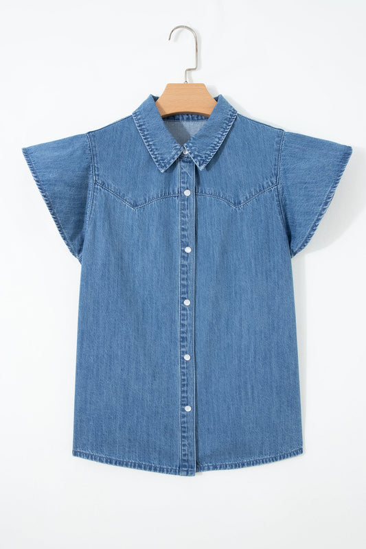Solid Denim Ruffle Short Sleeve Buttoned Shirt