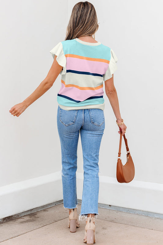Yasmin Striped Flutter Sleeve Patchwork Top