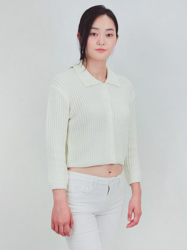 Button Down Vintage Crop Sweater Cardigan w/Collar