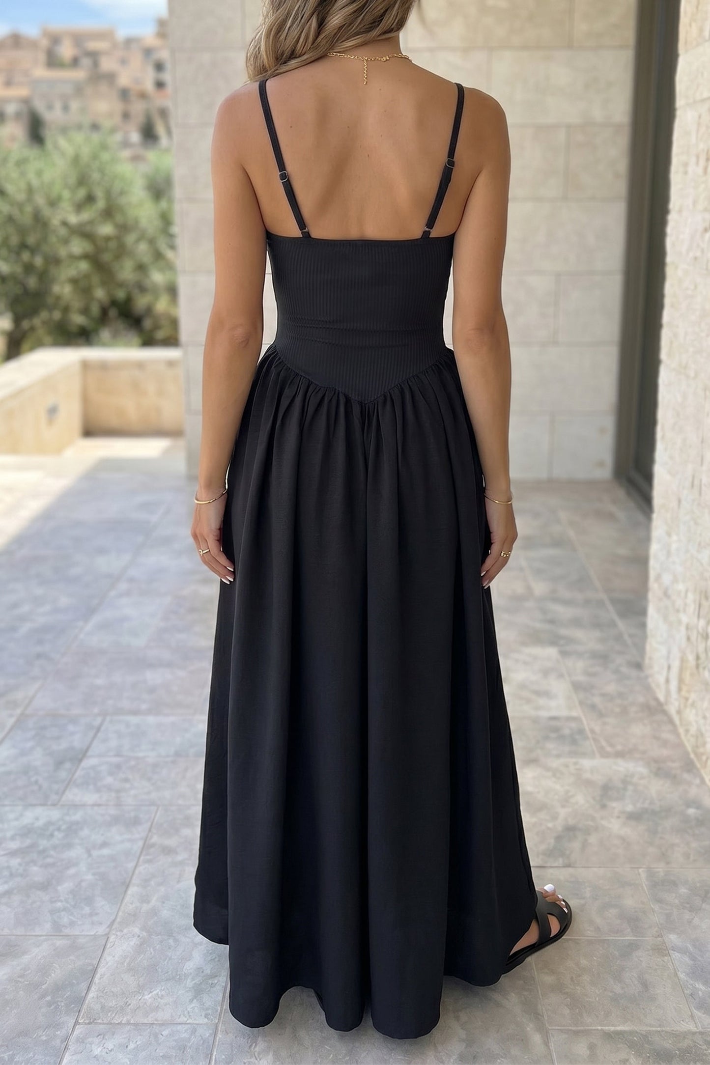 Solid Ribbed Patchwork Drop Waist Maxi Dress