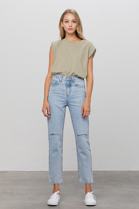 High Waist Ripped Tapered Jeans