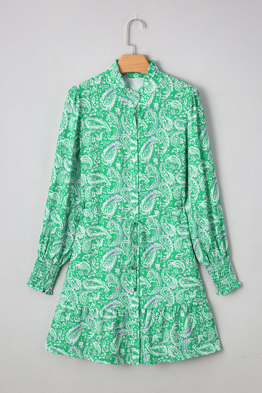Paisley Button-Front Tied Waist Mini Dress