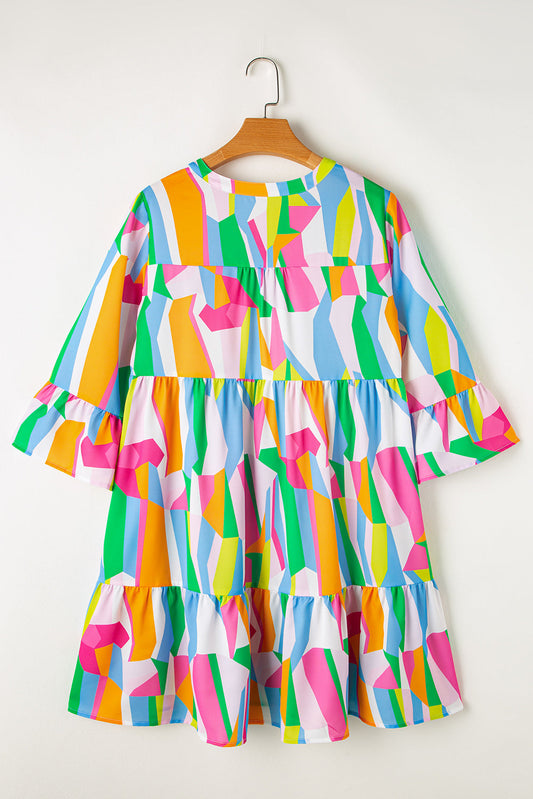 Abstract Ruffle Sleeve Notched V-Neck Dress