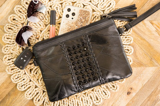 Studded Black Wristlet Clutch Handbag