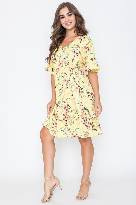 Floral V Neck Ruffle Dress