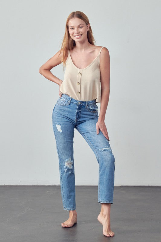 High Rise Distressed Straight Jeans