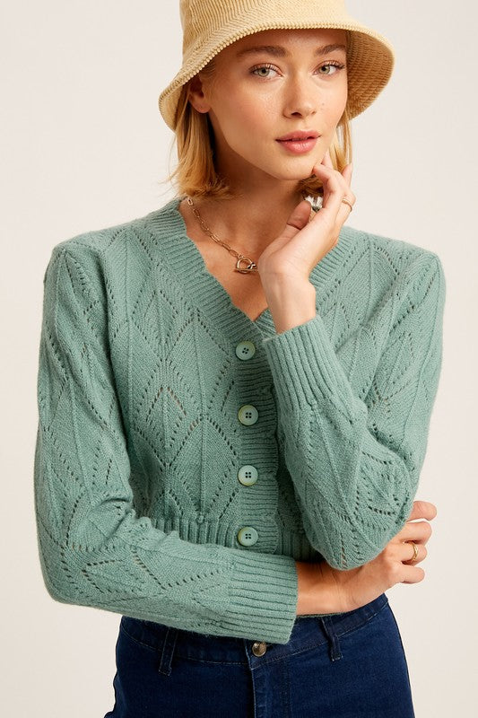 V-neck Scallop Edge Button Down Crop Knit Cardigan