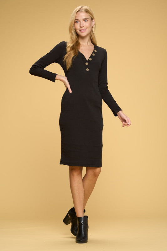 Cotton Rib Knit Midi Bodycon Dress with Buttons