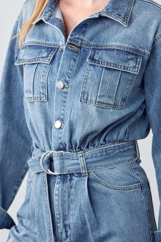 Belted Collared Button Front Denim Jumpsuit