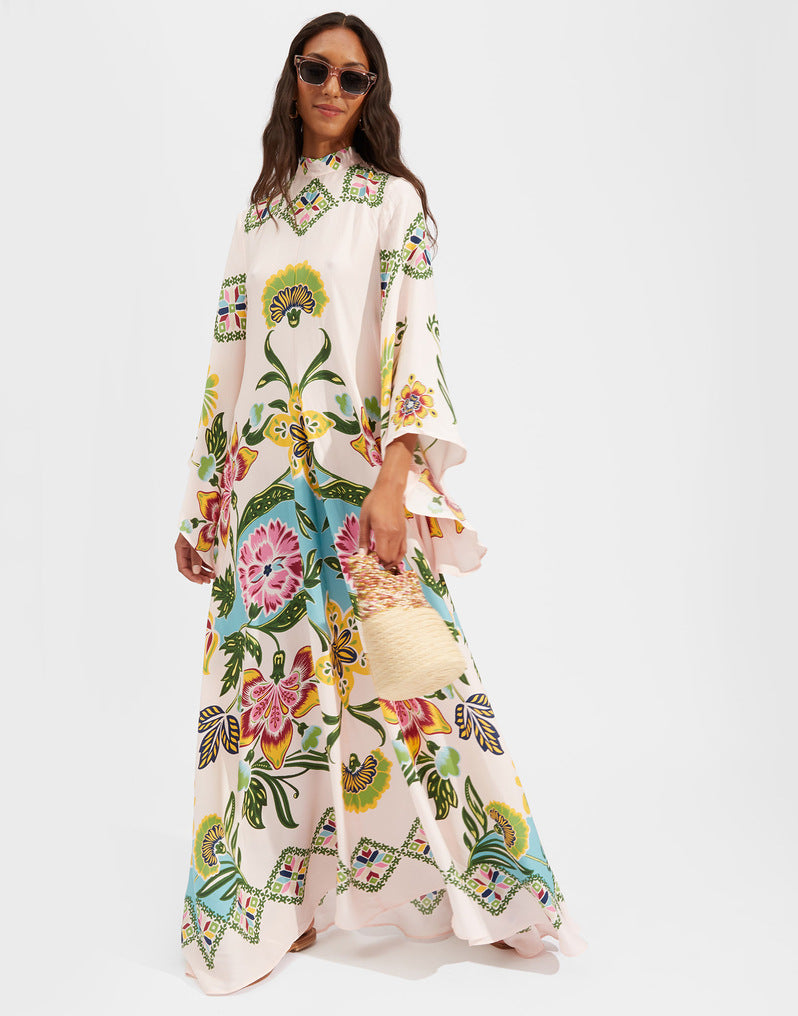Women's Printed Maxi Dress – Stand Collar Flared Sleeve A-Line Gown