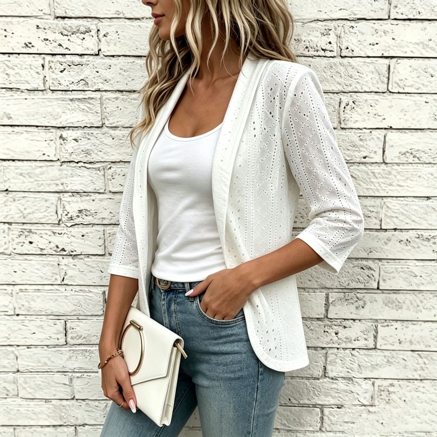Women's Eyelet Hollow-Out Open-Front Blazer Jacket – 3/4 Sleeve