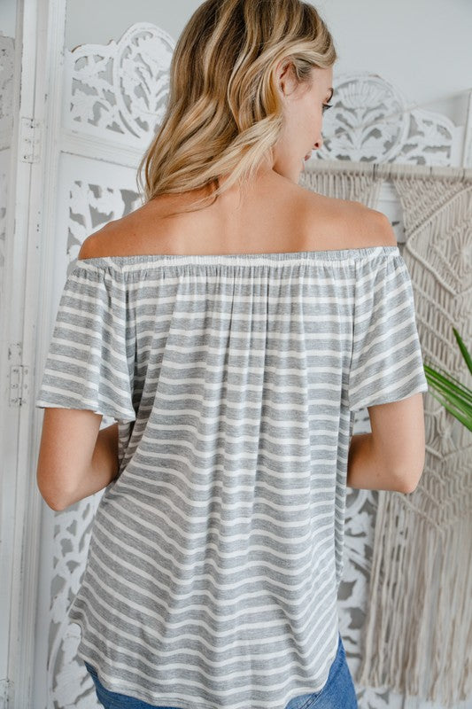 STRIPE OFF SHOULDER BUTTON DOWN TOP