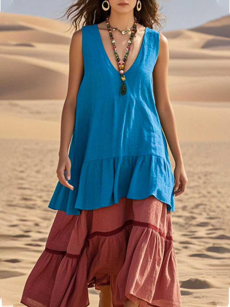 Women's Sleeveless Color-Block Patchwork Maxi Dress – V-Neck