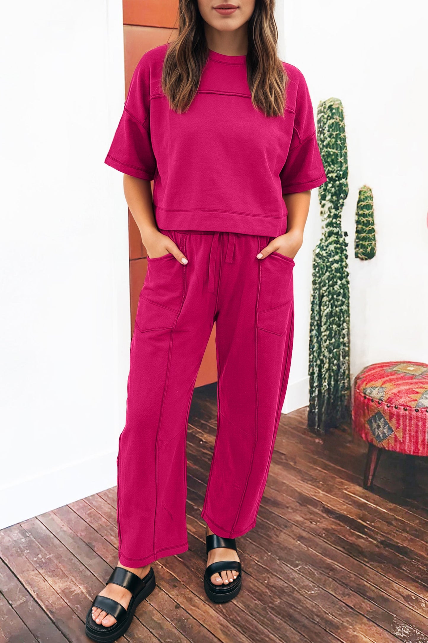 Solid Drop Shoulder Boxy Tee & Barrel Pants Set