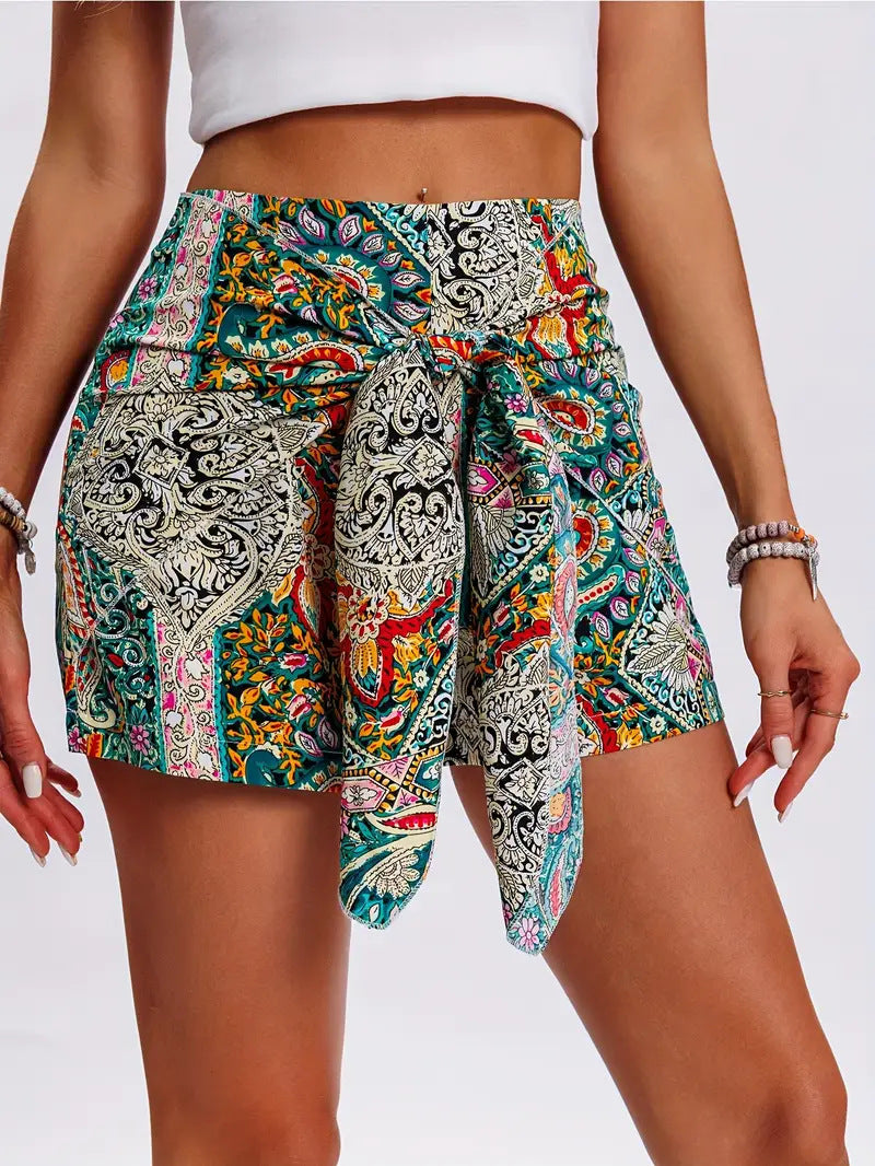 Women's Printed High-Waisted Bohemian Shorts – Front-Knot Detail