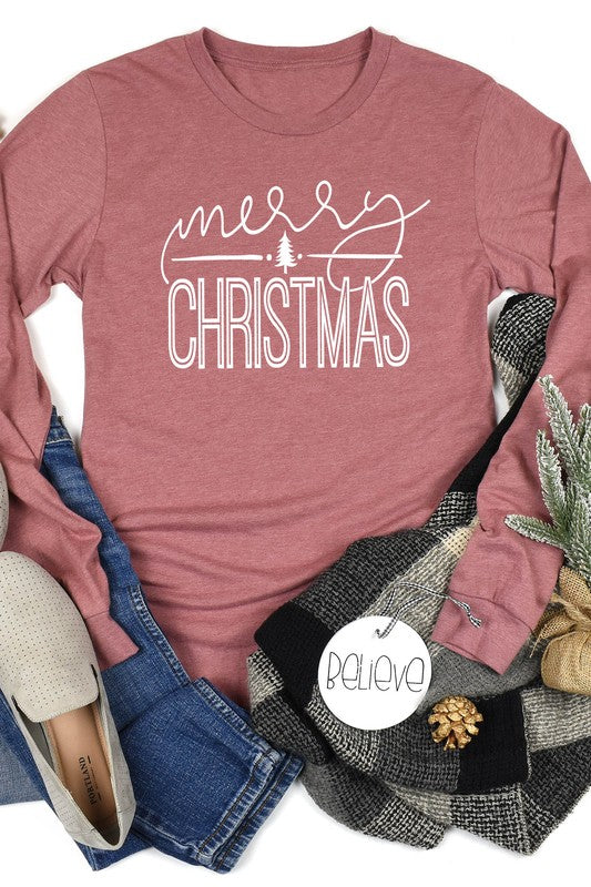 Merry Christmas Middle Tree Long Sleeves Top