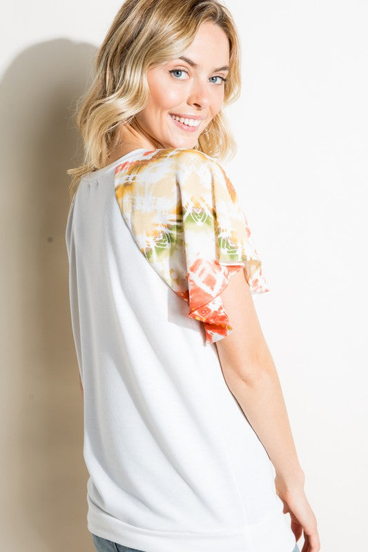 V NECK SHORT FLAIR SLEEVE TOP