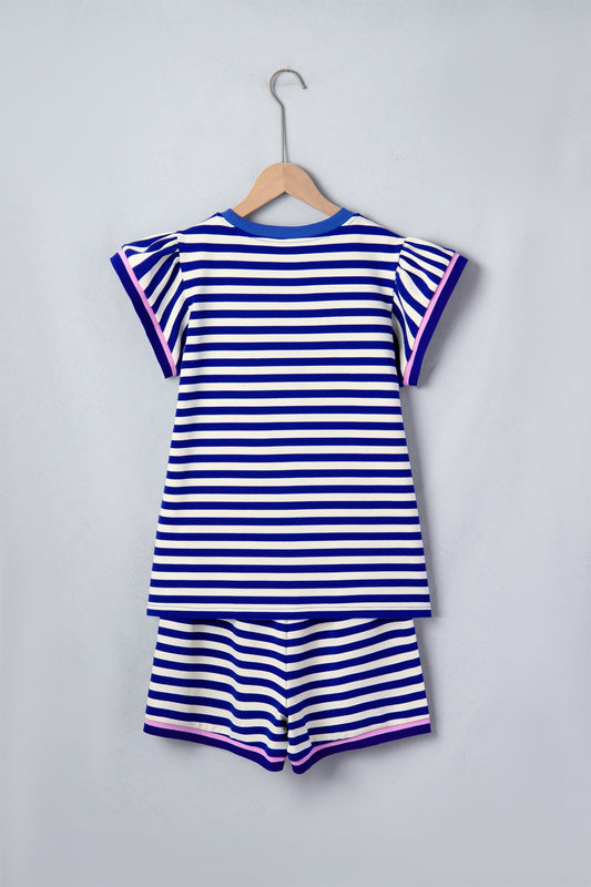 Stripe Cap Sleeve Top & Contrast Trim Shorts Set