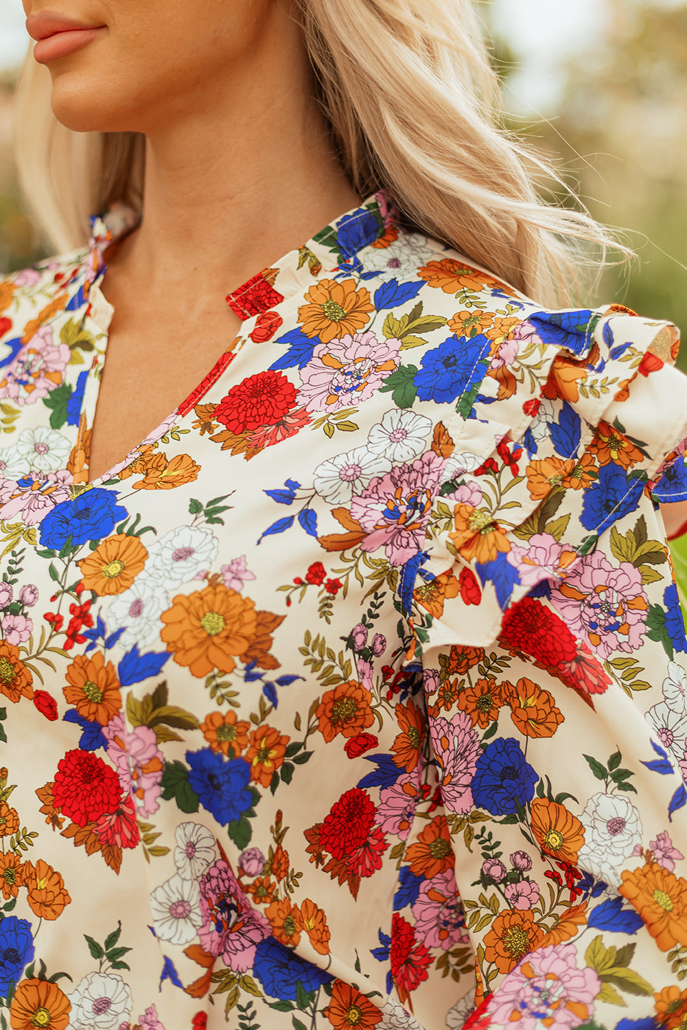 Apricot Ruffled Shoulder Long Sleeve Floral Blouse