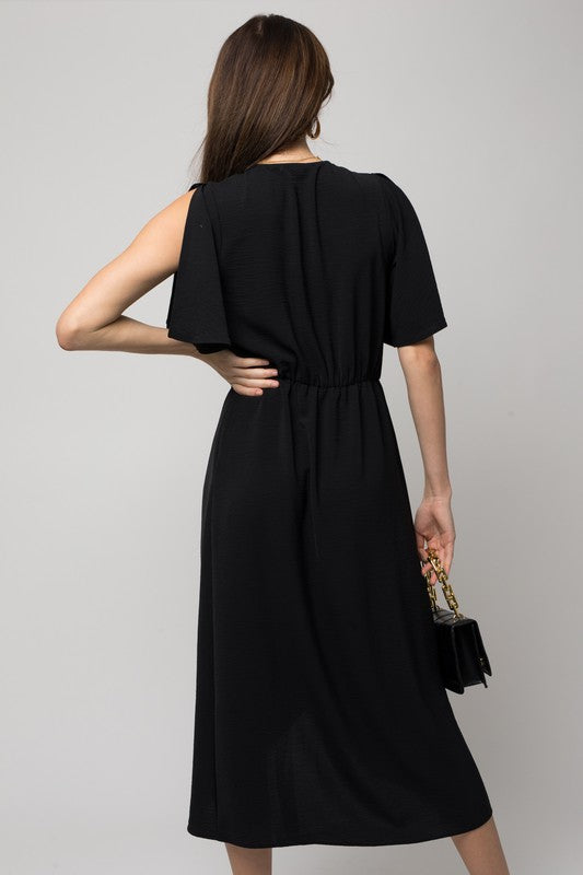 Solid V-Neck Midi Dress W-Front Knot