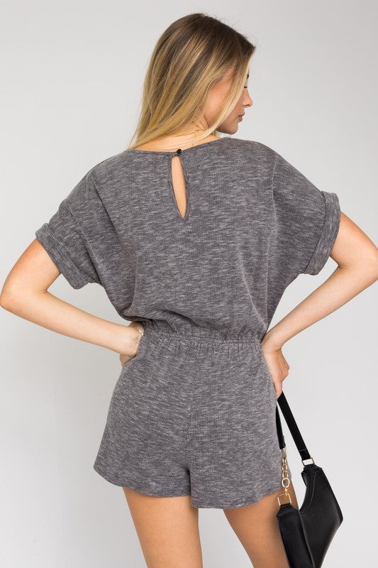 Short Roll-Up Sleeve Elastic Waist Romper