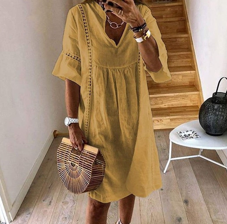 Women's V-Neck Flared Sleeve A-Line Mini Dress – Lace Stitching