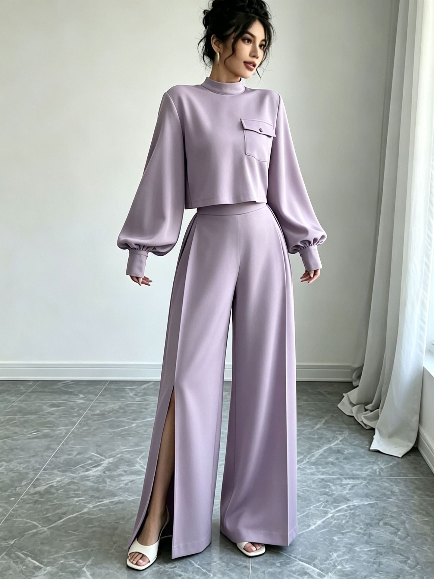 Solid Color Wide Leg Pants Set for Women – Long Sleeve Two-Piece