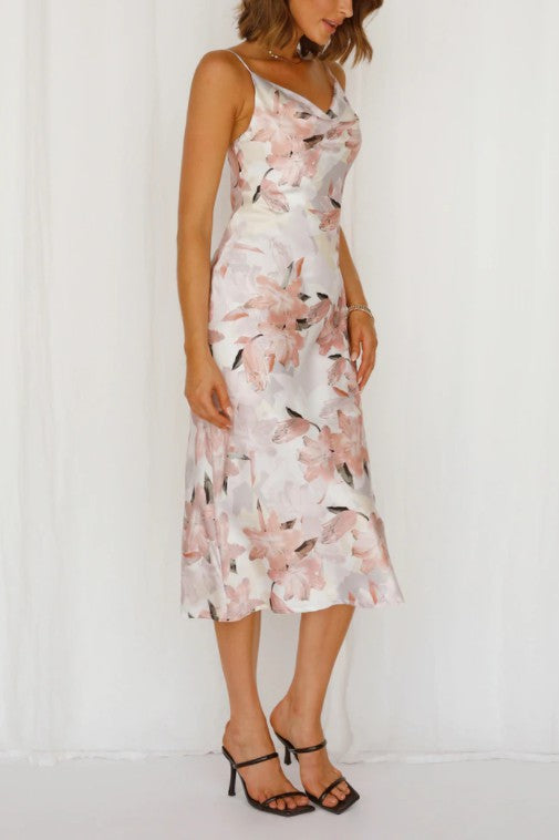 Floral Print Satin Midi Dress