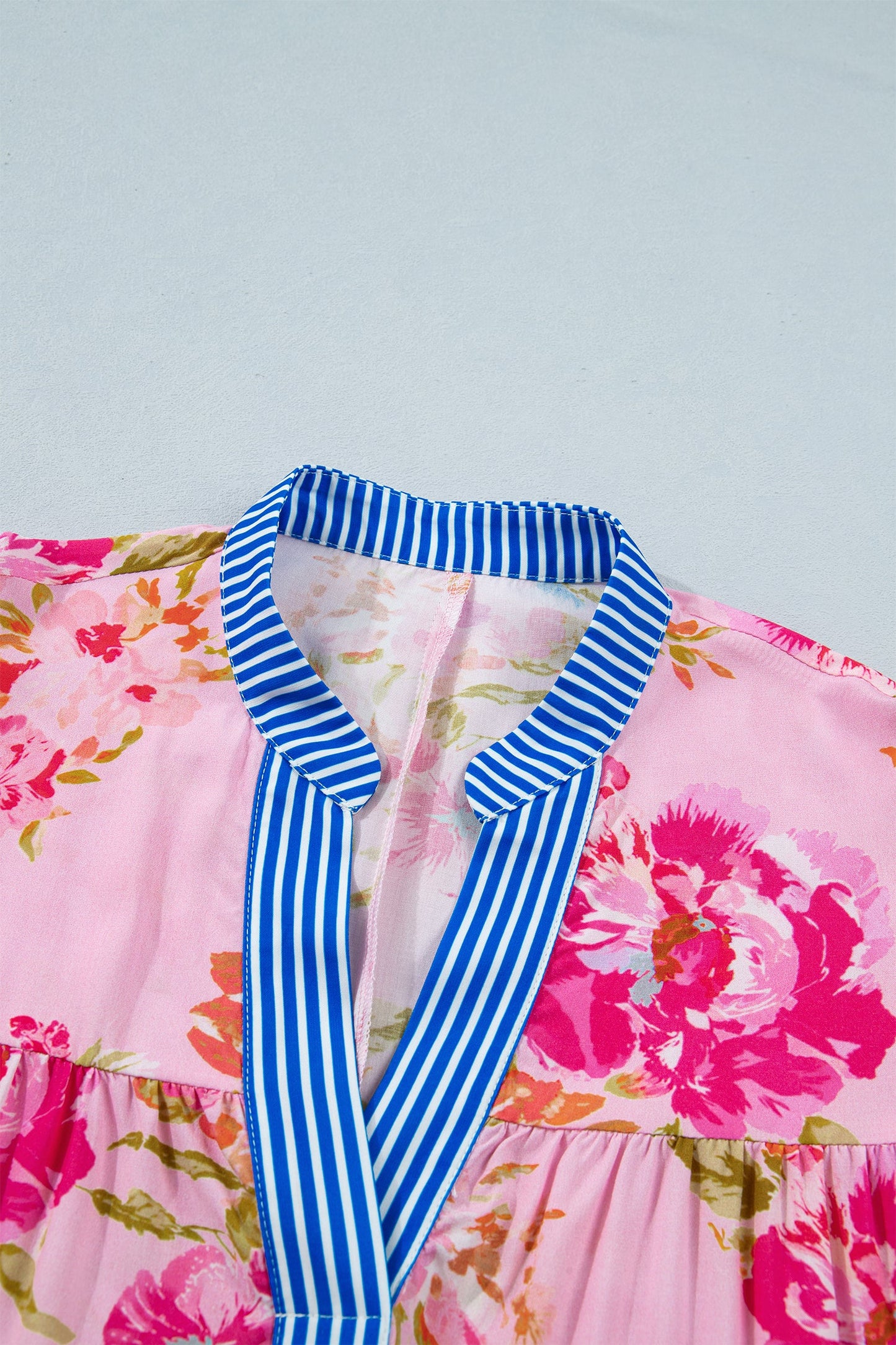 Floral Stripe Patchwork Trim 3/4 Sleeve Mini Dress