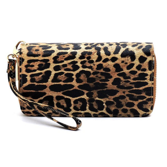 Leopard Double Zip Around Wallet Wristlet