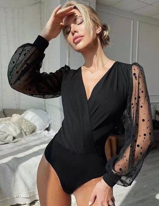 Crotch Polka Dot Mesh Long Sleeve V Neck Bodysuit | Modern Boutique Fashion