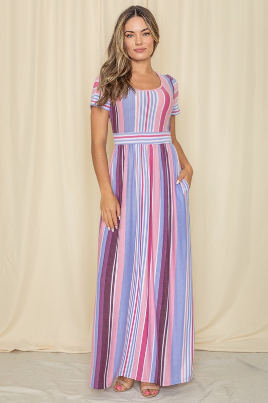 Short Sleeve Mix Stripe Maxi Dress