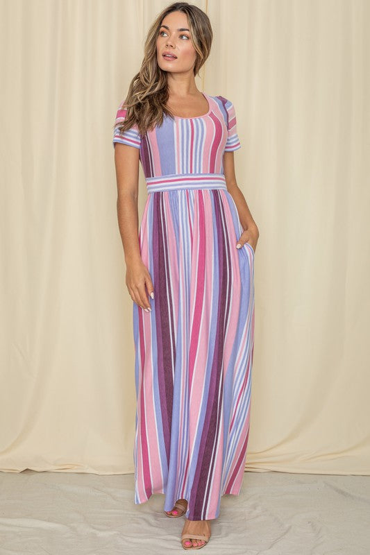 Short Sleeve Mix Stripe Maxi Dress