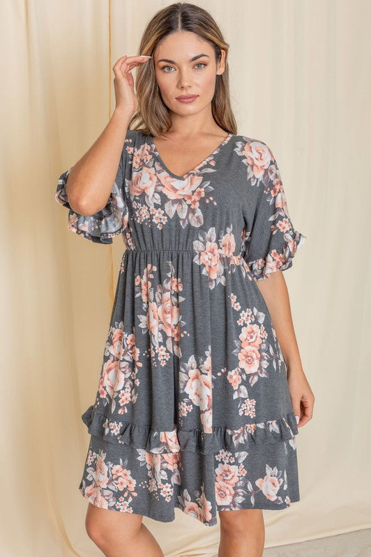 Floral V Neck Ruffle Dress