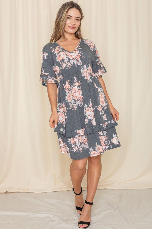 Floral V Neck Ruffle Dress