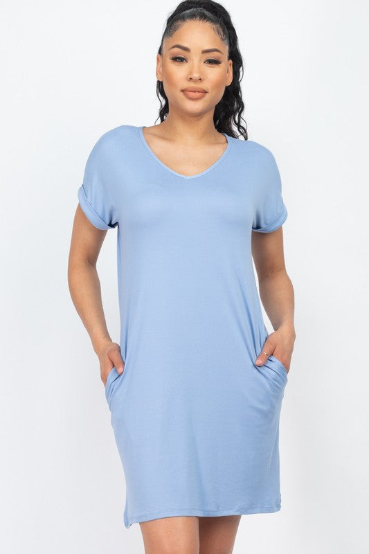 Short Cap Sleeve Pocket Mini T Shirt Dress