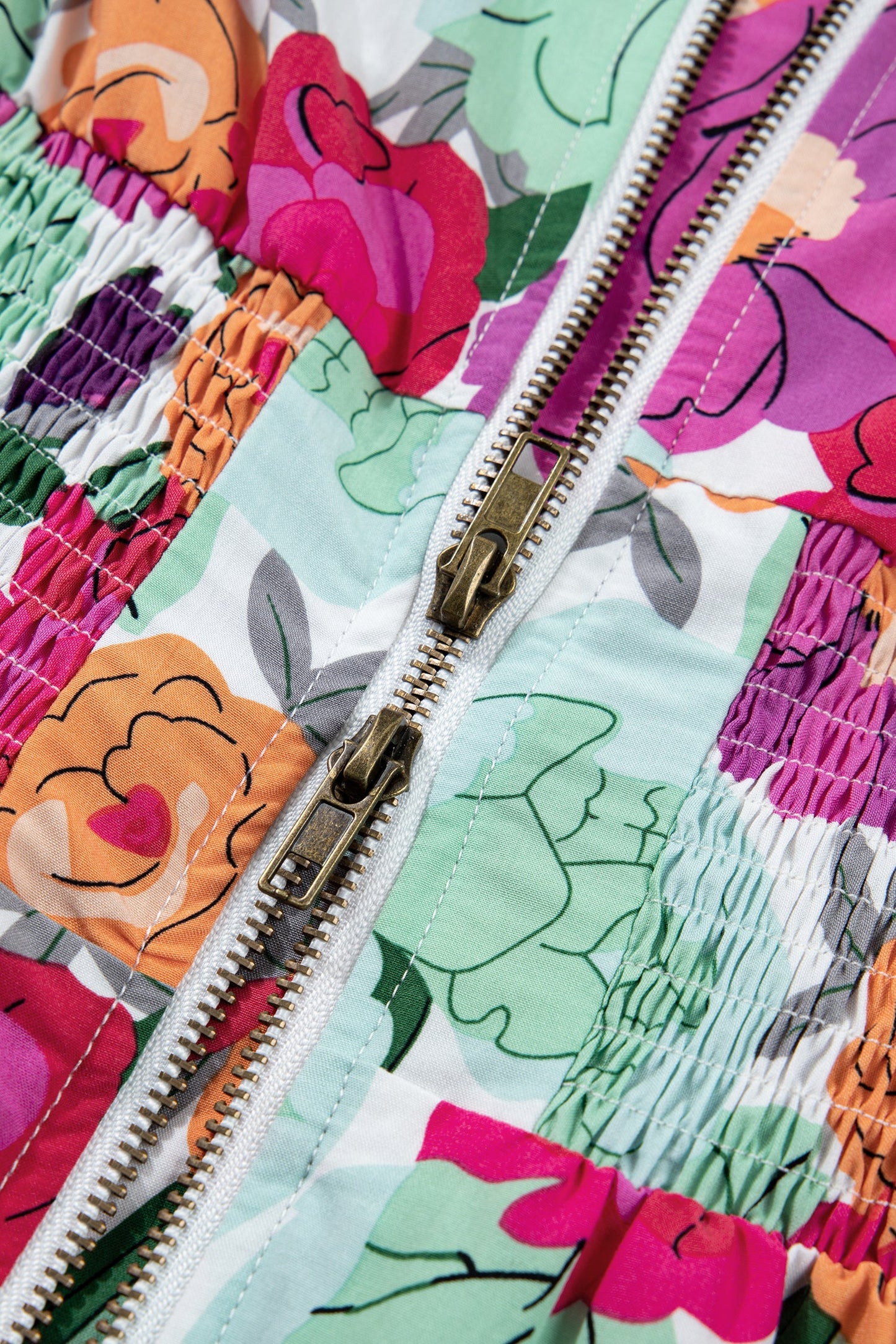 Floral Zip-Up V-Neck Short Puff Sleeve Dress