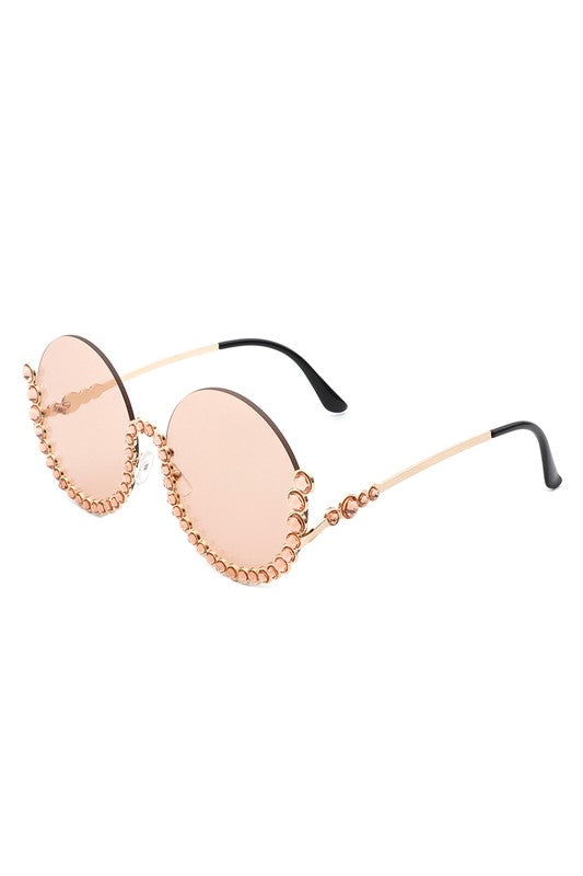 Half Frame Oversize Rhinestone Round Sunglasses