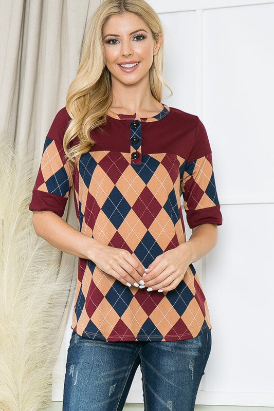 Argyle Print Button Front Jersey Top