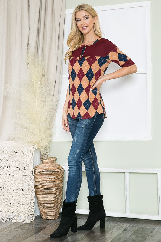 Argyle Print Button Front Jersey Top