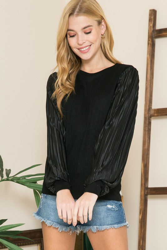 Pleated Sleeve Crew Neck Sweater