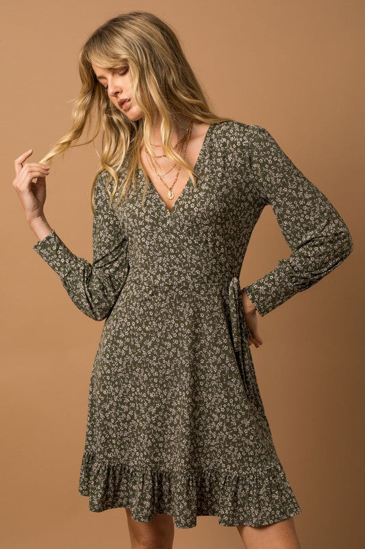 Long Sleeve Faux Wrap Ruffle Hem Dress