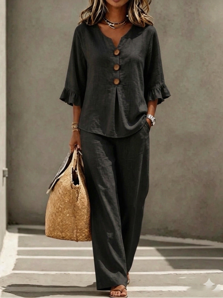 Women's Ruffle V-Neck Two-Piece Set – Button-Down Top & Pants