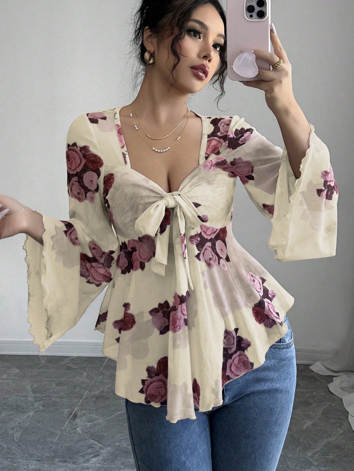 Floral Ombré Tie-Back Square Neck Long Sleeve Blouse – Sweet Style