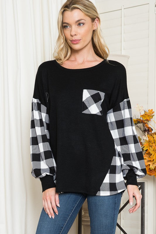 Plaid Contrast Bell Sleeve Sweater Knit