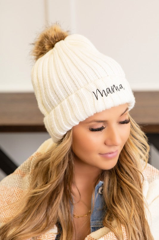 Mama Embroidered Faux Fur Pom Beanie Cap | Modern Boutique Fashion